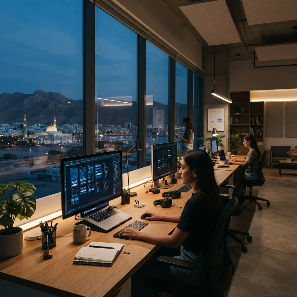 Offyzone design studio in Muscat overlooking the city at dusk